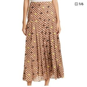 Ted Baker Yaniss Brown Pleated Skirt 36” with Yellow, Pink & Black Dots
